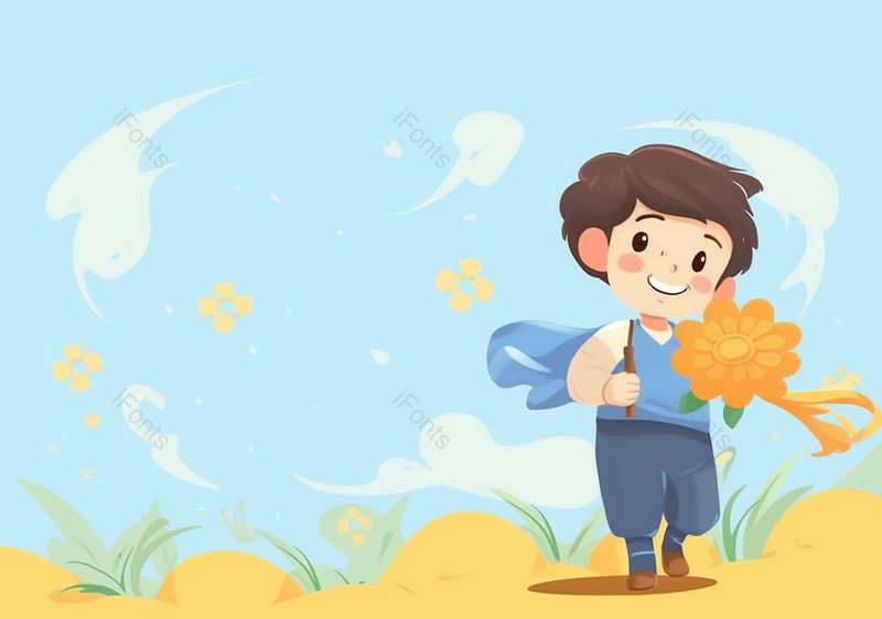 放学回家手拿花朵儿童节节日可爱小孩男孩一个人简约背景插画,插画/手绘图,插画/手绘图库,插画/手绘图下载,插画/手绘